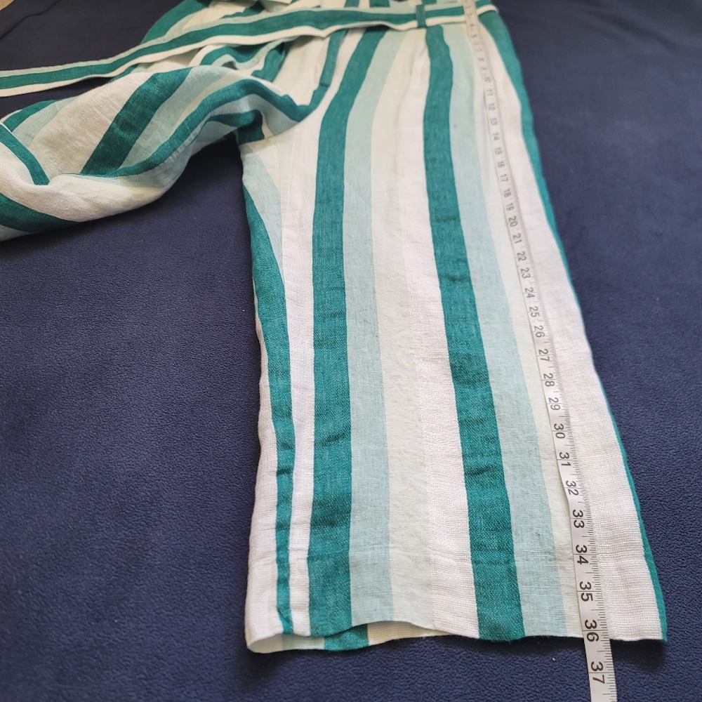 J.CREW Paper Bag Linen Pant In Cabana Stripe Women's Size10 Turquoise Jade White - Picture 15 of 16